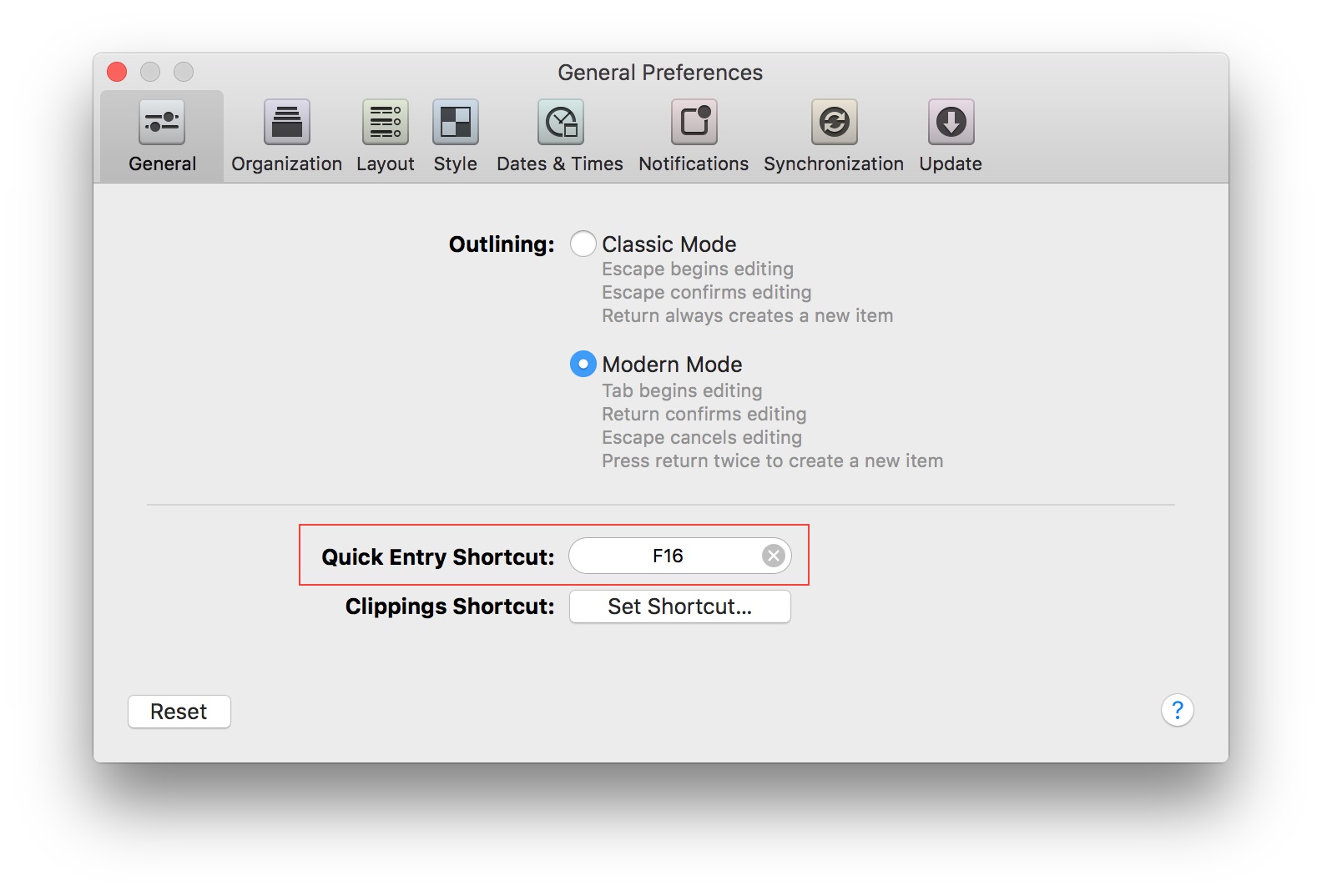 Configuring the Quick Entry keyboard shortcut in OmniFocus