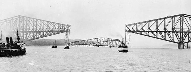 The center span of the Quebec Bridge collapsed as it was being raised into place. September 11, 1916.