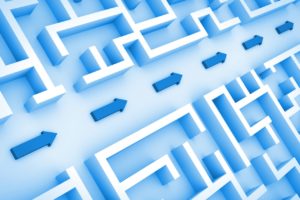 Blue arrows show the straight path through a maze