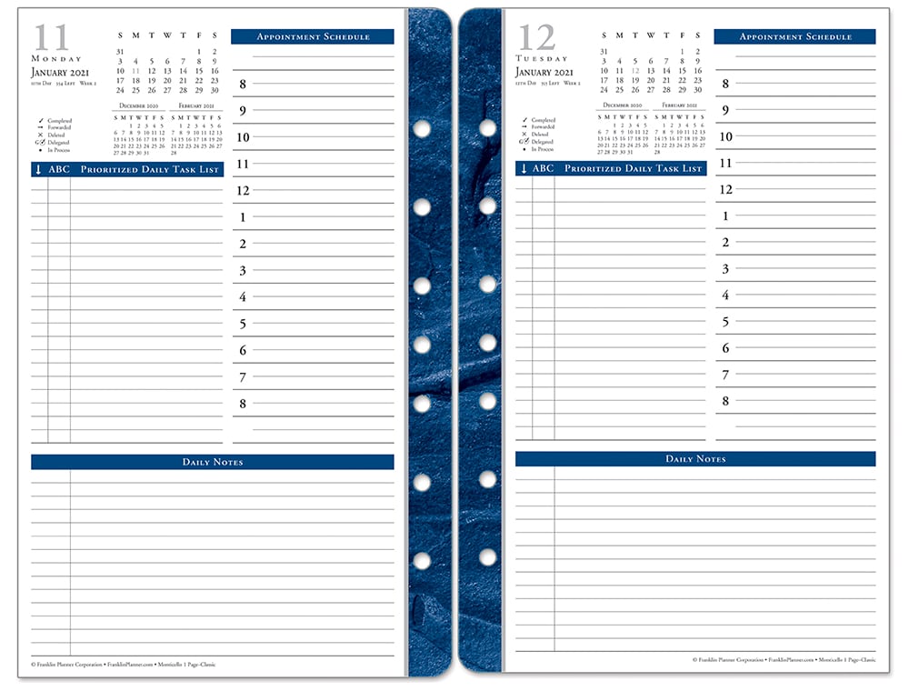 Two facing planner pages. Each has space for tasks and a full-day schedule. The bottom third of each page has room for notes.