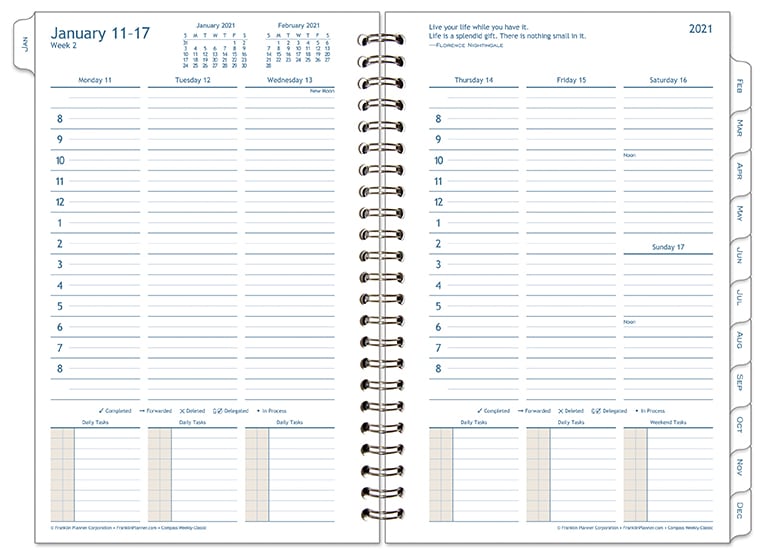 A wire-bound planner. There are six columns for your schedule: Monday through Friday have their own column; Saturday and Sunday share the last column. The bottom fifth of the page has room for writing each day’s tasks.